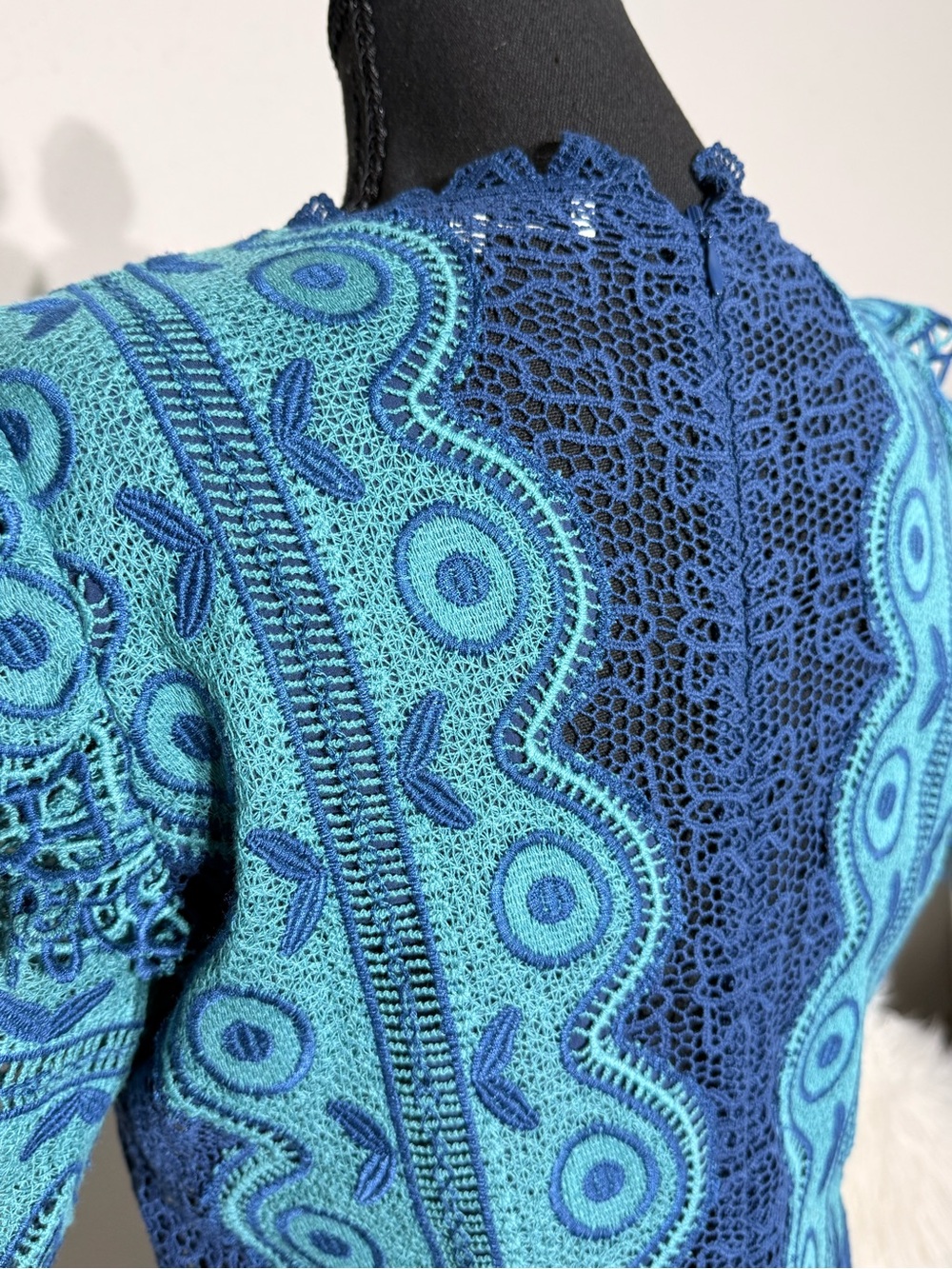 Sea New York Teal Navy Lace Mini Dress Size 8 Crochet Asymmetrical Boho Cocktail - Picture 8 of 11